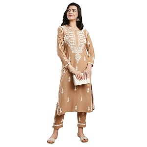 BHARVITA Womens Cotton Blend Lucknowi Embroidered Chikankari