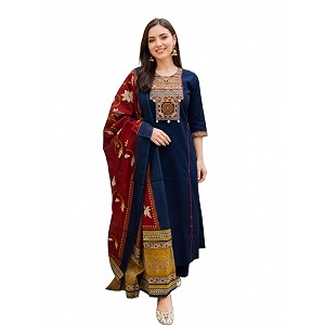 BHARVITA Womens Cotton Embroidered Anarkali Kurta and