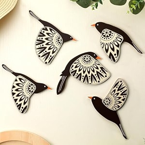 saf wooden 3d 5 pieces birds on rope wall art panel  wood bird folk art wall hanging art decoration item for living room bedroom drawing room dining room amp office black multicolour