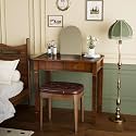 Biaco Small Wood Makeup Vanity Desk Set, Vintage Table + Padded Bench Stool