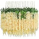 Bianco 12 Pack 3.6 Feet Artificial Fake Wisteria Vine Ratta Hanging Garland Silk Flowers String Home Party Wedding Decor (12, Champagne)
