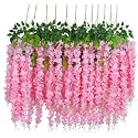 Bianco 12 Pack 3.6 Feet Artificial Fake Wisteria Vine Ratta Hanging Garland Silk Flowers String Home Party Wedding Decor (12, Pink)