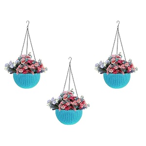 bianco round rattan woven hanging planters with hanging chain hanging pots for plants balcony light blue set of 3 71x48 inch