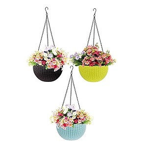 bianco round rattan woven hanging planters with hanging chain hanging pots for plants balcony multicolored set of 3 71x48 inch