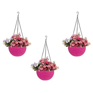 bianco round rattan woven hanging planters with hanging chain hanging pots for plants balcony pink set of 3 71x48 inch