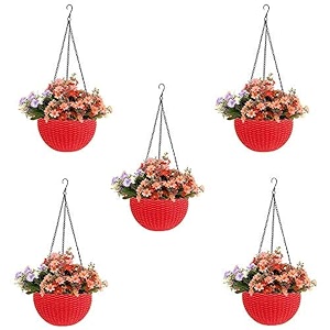 bianco round rattan woven hanging planters with hanging chain hanging pots for plants balcony red set of 5 71x48 inch