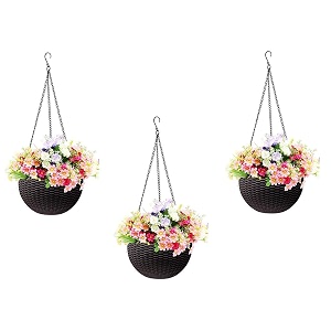 bianco round rattan woven hanging planters with hanging chain hanging pots for plants balcony coffee brown set of 3 71x48 inch