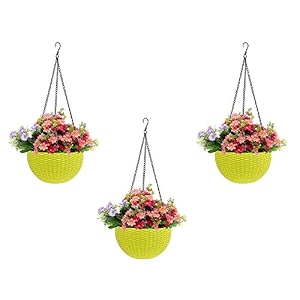 bianco round rattan woven hanging planters with hanging chain hanging pots for plants balcony yellow set of 3 71x48 inch