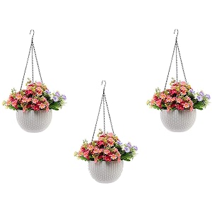 bianco round rattan woven hanging planters with hanging chain hanging pots for plants balcony white set of 3 71x48 inch