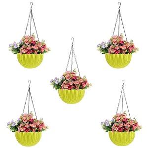 bianco round rattan woven hanging planters with hanging chain hanging pots for plants balcony yellow set of 5 71x48 inch