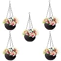 Bianco Round Rattan Woven Hanging Planters with Hanging Chain, Hanging Pots for Plants Balcony (Coffee Brown, Set of 5, 7.1x4.8 Inch)
