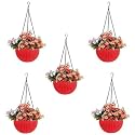 Bianco Round Rattan Woven Hanging Planters with Hanging Chain, Hanging Pots for Plants Balcony (Red, Set of 5, 7.1x4.8 Inch)