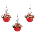 Bianco Round Rattan Woven Hanging Planters with Hanging Chain, Hanging Pots for Plants Balcony (Red, Set of 3, 7.1x4.8 Inch)