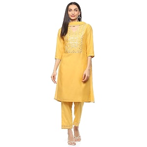 BIBA Women Cotton Straight Embroidered Suit Set