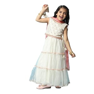 BIBA Girl Cotton Tiered Embroidered Lehenga Set