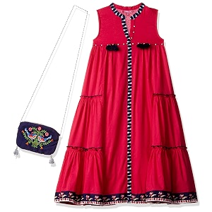 BIBA Girls Mandarin Collar Solid Tiered Dress