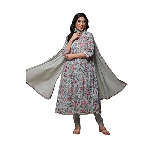 biba women cotton gathered kurta churidar suit set