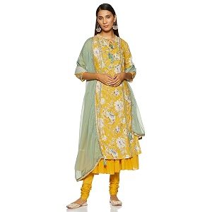 BIBA Women Cotton Flared Kurta Churidar Suit