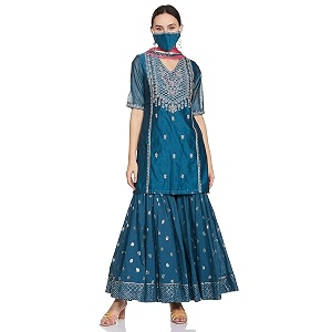 biba women teal poly cotton kurta garara suit set