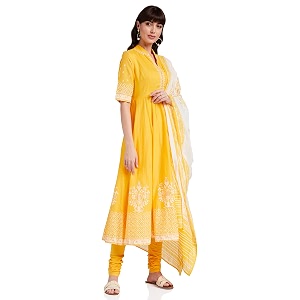 biba women cotton anarkali kurta churidar suit set