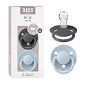 Bibs De Lux Silicone Baby Pacifier - Round & Soft Nipple, Gentle Shield Prevents Skin Irritation & Moisture Buildup, 100% Food Grade, BPA Free Soother, 0-3 Years, Pack of 2, Iron & Baby Blue