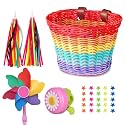 Bicycle Basket for Girls, Adjustable Front Handlebar Bike Basket with Bike Streamers Set Bell/Bicycle Windmill/Bicycle Wheel Beads DIY Bike Decoration Accessories Kit Scooter Basket