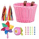 Bicycle Basket for Girls, Adjustable Front Handlebar Bike Basket with Bike Streamers Set Bell/Bicycle Windmill/Bicycle Wheel Beads DIY Bike Decoration Accessories Kit Scooter Basket
