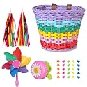 Bicycle Basket for Girls, Adjustable Front Handlebar Bike Basket with Bike Streamers Set Bell/Bicycle Windmill/Bicycle Wheel Beads DIY Bike Decoration Accessories Kit Scooter Basket