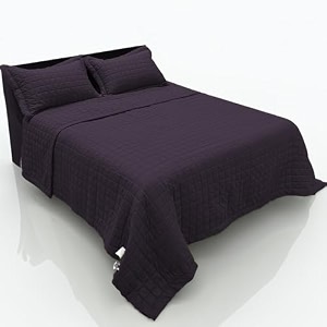 bien living solid box stitched quilt - plush decorative coverlet with 1 matching pillow sham single size 60 x 90 inches purple