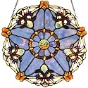 Bieye W10074 Baroque Tiffany Style Stained Glass Window Hanging Panel 12 inches Wide Round with Five-Pointed Star Design (Blue)