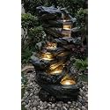 Indoor &amp; Outdoor Water Fountain, Modern Tiered Waterfall with Quiet Pump and LED Lighting, Decorative Accent for Living Room, Garden, Balcony &amp; Office(55 x 40 x105 cm) (Antique Green)
