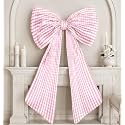 Big Pink Bow Decor Giant Pink White Checkered Coquette Bow for Birthday Party Decorations for Girls, Large Ribbon Tie Hanging Gift Coquette Wall Decor (Textured Cotton, Internal Stability Layer)