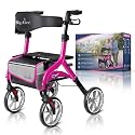 BigAlex Foldable Rollator Walker with Seat, Lightweight Aluminum Rolling Walker for Seniors, 10" Large Wheels for All Terrain, Removable Backrest,Cane Holder Supports Various Canes, Pink