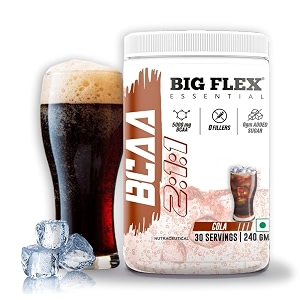 bigflex essential bcaa powder cola  30 servings pack of 240gm   2500mg l-leucine  1250mg l-isoleucine amp 1250mg l-valine for muscle recovery amp endurance - prepost workout amp intra workout supplement