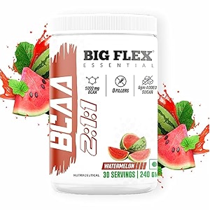 bigflex essential bcaa powder watermelon  30 servings pack of 240gm   2500mg l-leucine  1250mg l-isoleucine amp 1250mg l-valine for muscle recovery amp endurance - prepost workout amp intra workout supplement