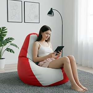 biggie bean bag 4xl bean bag chair with beans filled-perfect for living roombedroomstudy-sale designregular-red white-faux leather