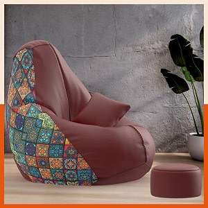 biggie bean bag with beans filled 3xl vibeboost premium bean bag with free cushion and footrest - official  ethnovibe combo matching color  regular patterns 01 -maroon