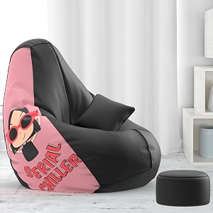 biggie bean bag with beans filled 4xl bean bag with free cushion and footrest - official  quiltedcomfort combo matching color  printed serial chiller - black peach