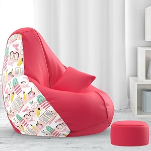 biggie bean bag with beans filled 4xl bean bag with free cushion and footrest - official  graphicnook combo matching color  printed study time - h - pink white