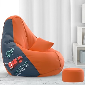biggie bean bag with beans filled 4xl bean bag with free cushion and footrest - official  printfinesse combo matching color  printed power nap - indigo orange