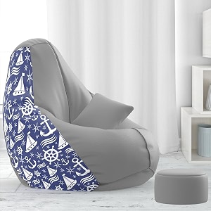 biggie bean bag with beans filled 5xl bean bag with free cushion and footrest - official  luxelounge combo matching color  printed ship sail - h - light-grey blue