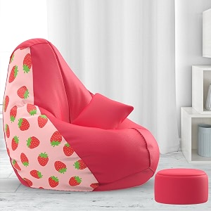 biggie bean bag with beans filled 6xl bean bag with free cushion footrest - official  inkedincomfort combo matching color  printed strawberry - h - pink white
