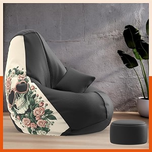 biggie bean bag with beans filled 6xl vibeboost premium bean bag with free cushion and footrest - official  neon fusion combo matching color  regular rose skull-black