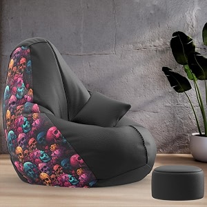 biggie bean bag with beans filled 6xl bean bag with free cushion and footrest - official  printzen combo matching color  printed skull-black