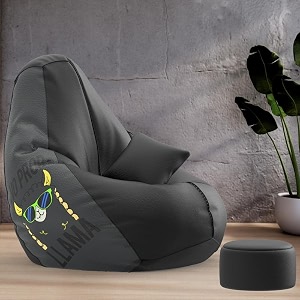biggie bean bag with beans filled xxxl bean bag with free cushion footrest - official  printzen combo matching color  printed problema-black
