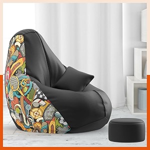 biggie bean bag with beans filled xxxl bean bag with free cushion footrest - official  customcoziness combo matching color  printed sports - h - black green