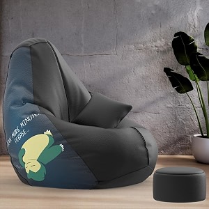 biggie bean bag with beans filled xxxl bean bag with free cushion footrest - official  printzen combo matching color  printed sleeping-black