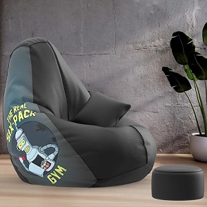 biggie bean bag with beans filled xxxxl bean bag with free cushion and footrest - official  printzen combo matching color  printed real 6 pack gym-black
