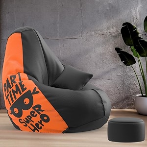 biggie bean bag with beans filled xxxxxl bean bag with free cushion and footrest - official  printzen combo matching color  printed part time super hero-black