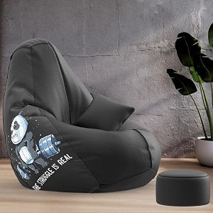 biggie bean bag with beans filled xxxxxl bean bag with free cushion and footrest - official  printzen combo matching color  printed struggle is real-black